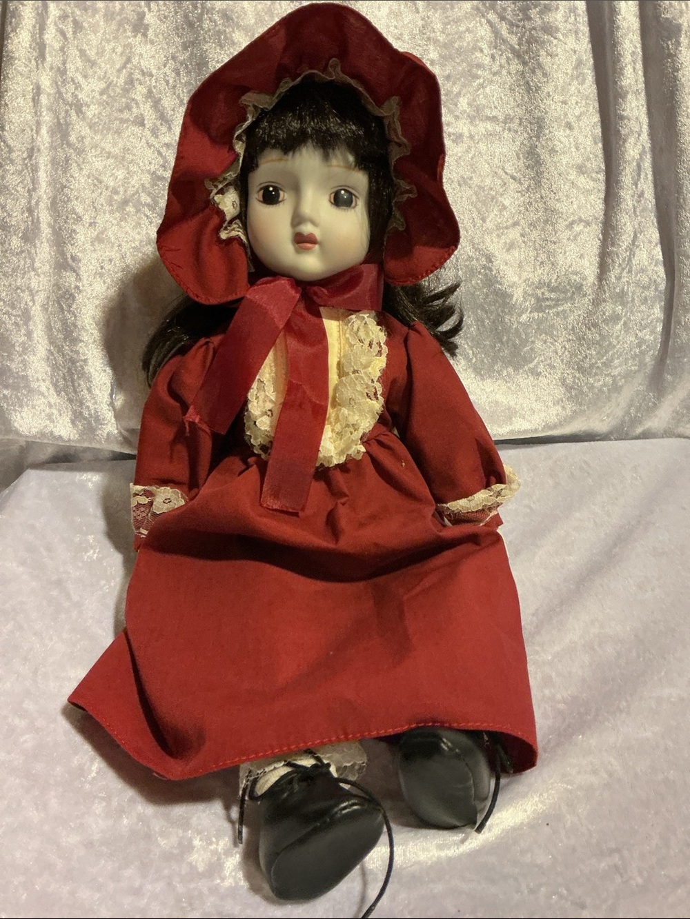 Vintage Red Porcelain Doll with Bonnet and Lace & Music Box